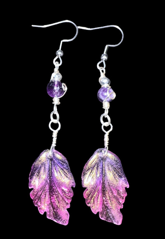 Pink Purple Leaf Earrings