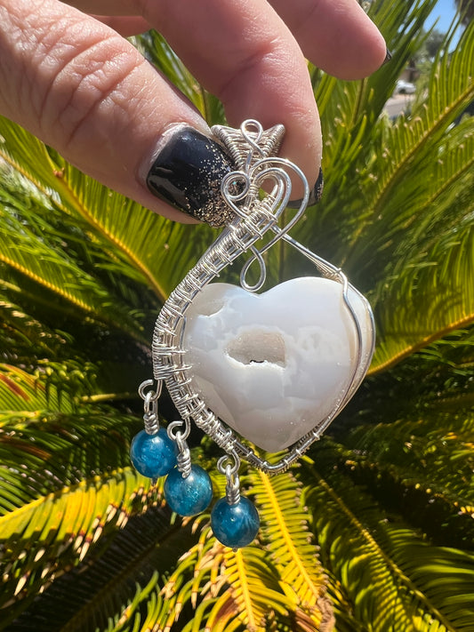 White Plume Agate – Heart with Druzy & Blue Apatite